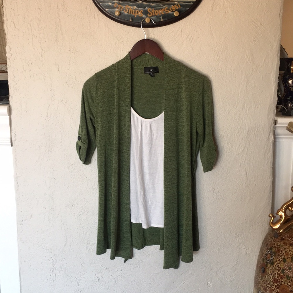 IZ Byer California White Shirt with Green Cardigan